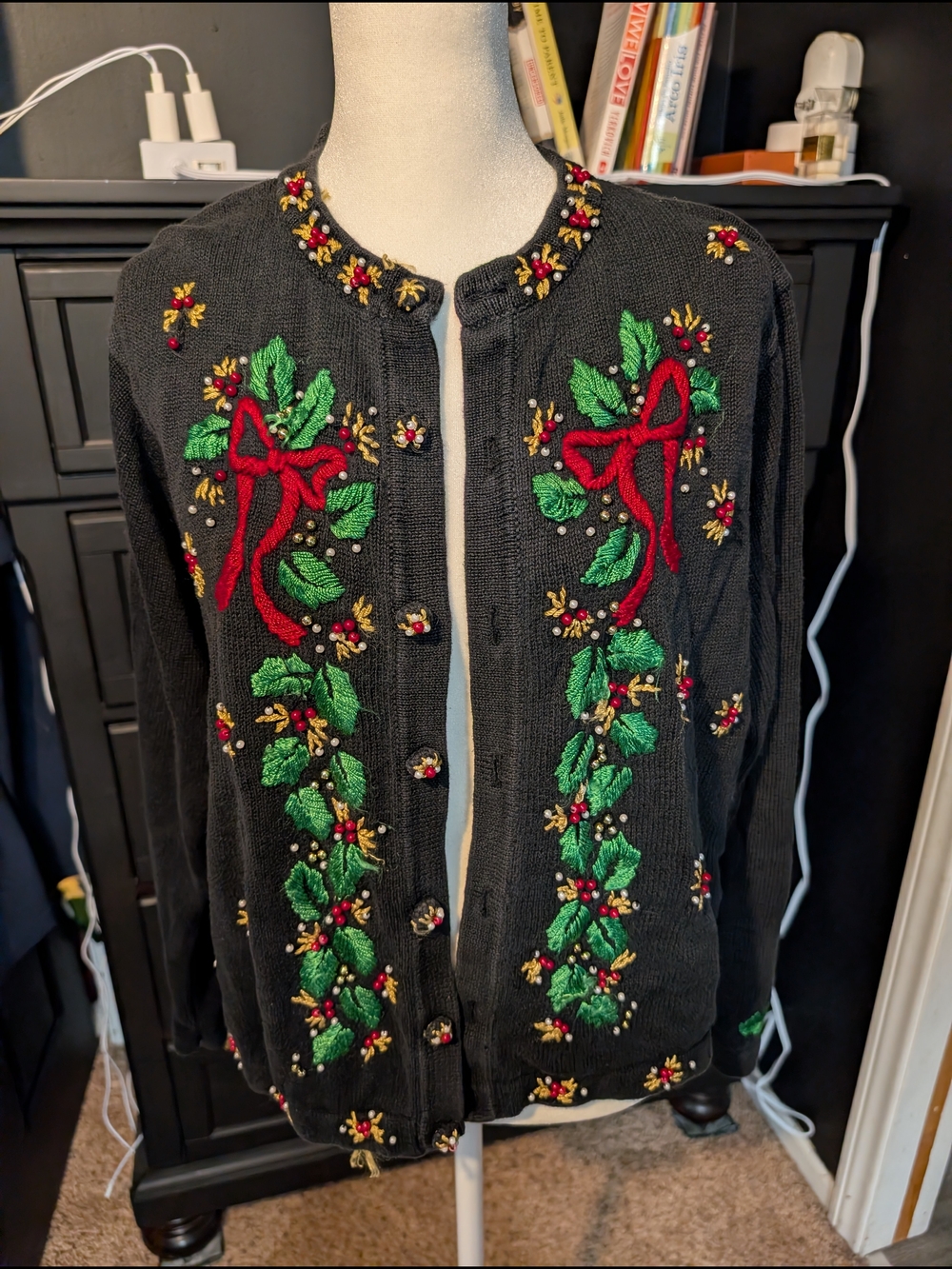 Embroidered Holiday Cardigan Sweater - Black with Red & Green Accents
